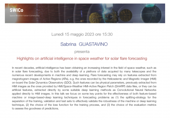 poster: Sabrina Guastavino present "Highlights on artificial intelligence in space weather for solar flare forecasting"